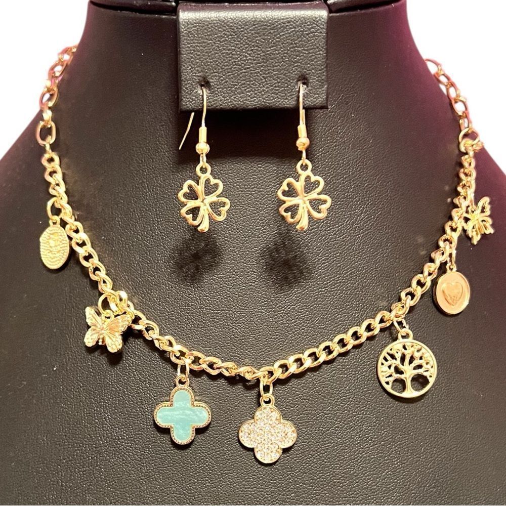 Gold Tone Blue And Crystal Clover Butterfly Heart Charm Necklace and Earring Set